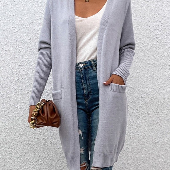 Ribbed Sleeve Longline Cardigan with Pockets - Picture 4 of 6